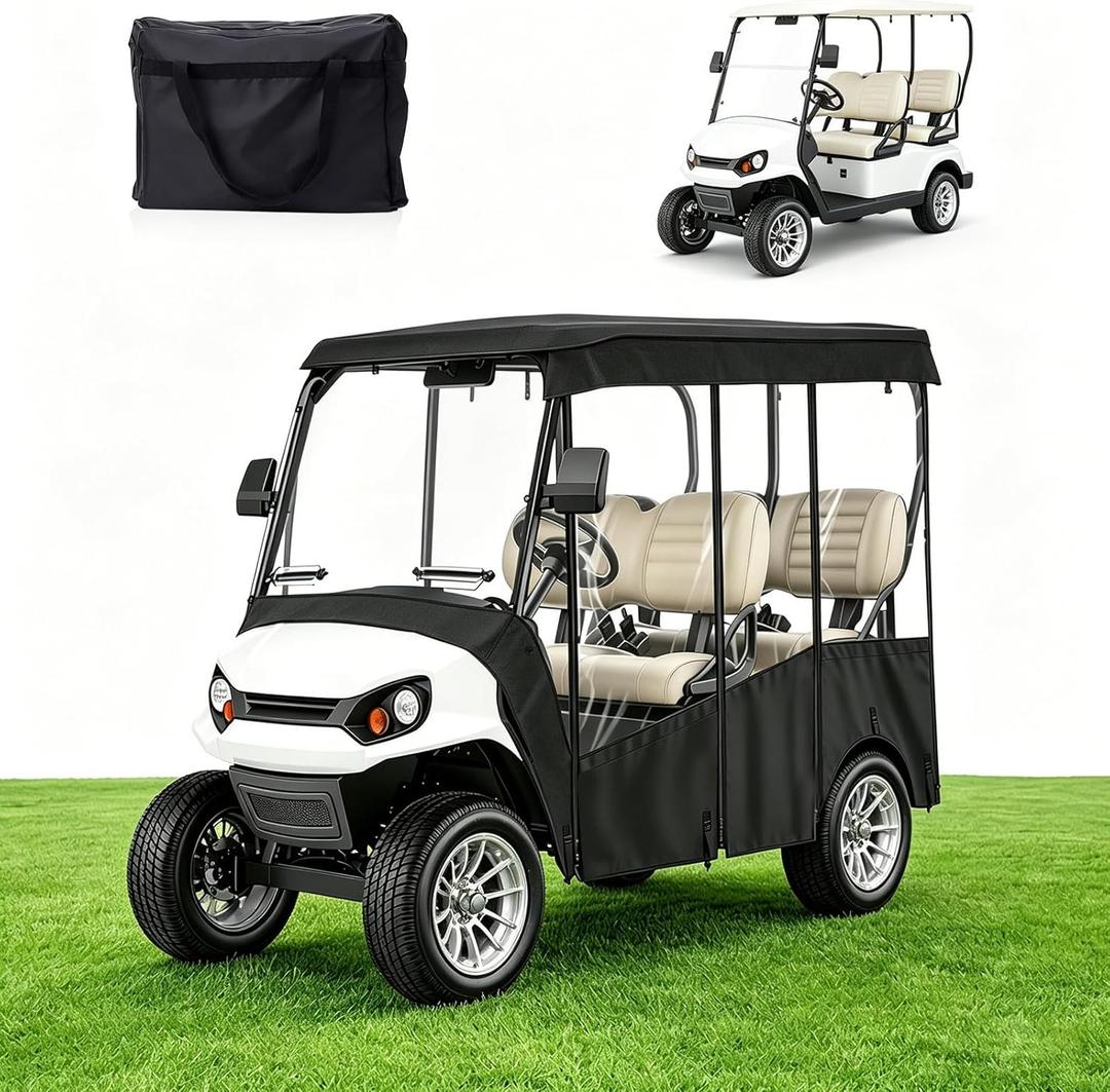 Golf Cart Cover 4 Passenger with Clear PVC Windows, 420D Heavy Duty Waterproof Golf Cart Seat Cover for 86" Roof Yamaha EZGO Club Car, Windproof All-Weather Golf Cart Accessories