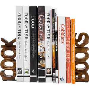 MyGift Rustic Burnt Wood Tabletop Cook and Books Decorative Bookends for Kitchen Countertop, Cookbook Display Holder 2 pc Set