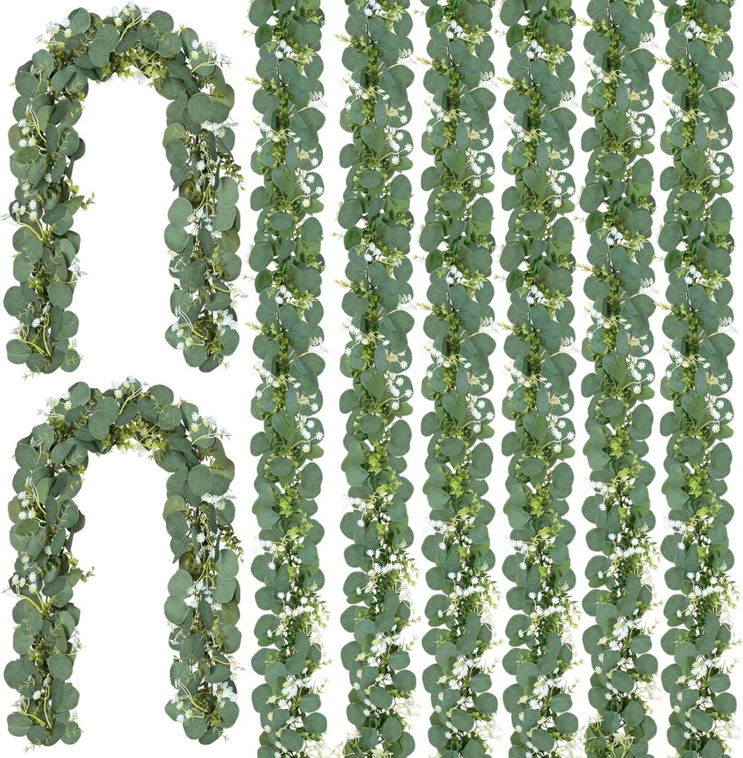 CQURE 8 Pack 5.9Ft Eucalyptus Garland, Artificial Eucalyptus Flowers Leaves Table Greenery Garland Wreath Vines for Wedding Party Table Bedroom Wall Decor (47.2 Ft), Green