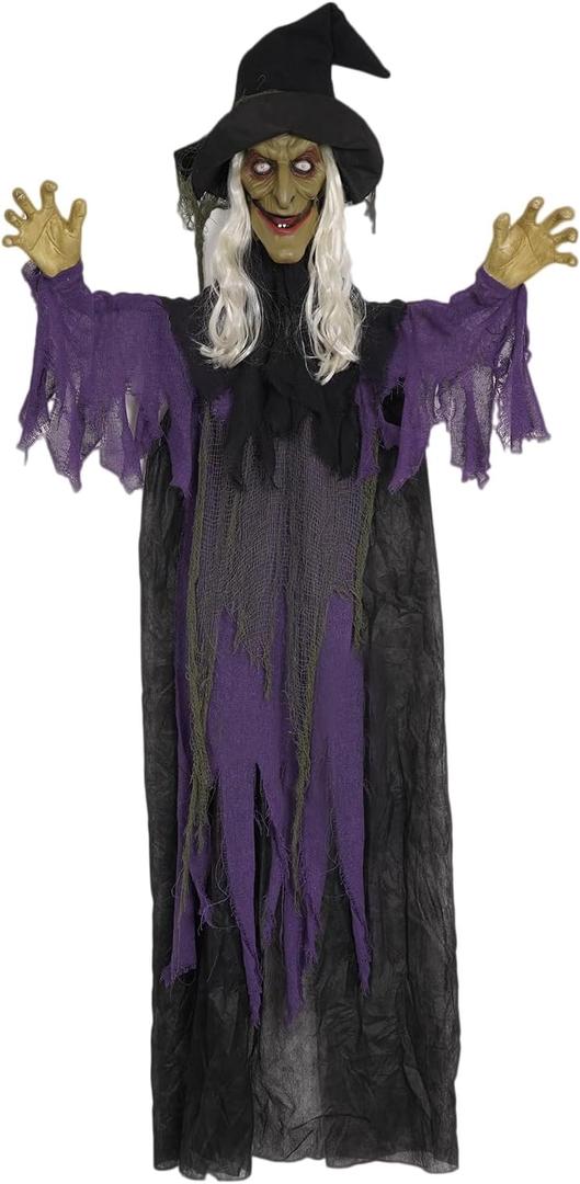 Halloween 6FT Hanging Witch Decorations Outdoor Sound & Touch Activated Talking Halloween Decorations for Front Yard Porch Patio Lawn Garden Trees Party Dcor and Holiday