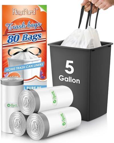 4 Gallon 80 Counts Strong Drawstring Trash Bags Garbage Bags by RayPard, Small Plastic Bags, Trash Can Liners for Home Office Kitchen Bathroom Bedroom, White Waste Basket Liners (White)