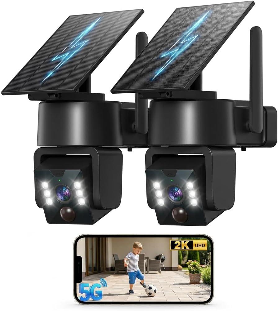 2PCK Wireless Outdoor Security Camera - 5G & 2.4G Wi-Fi Outdoor Camera, 2K Pan/Tilt 360 View, Solar/Battery Powered, PIR Human Detection, Color Night Vision,IP65/ Easy to Install