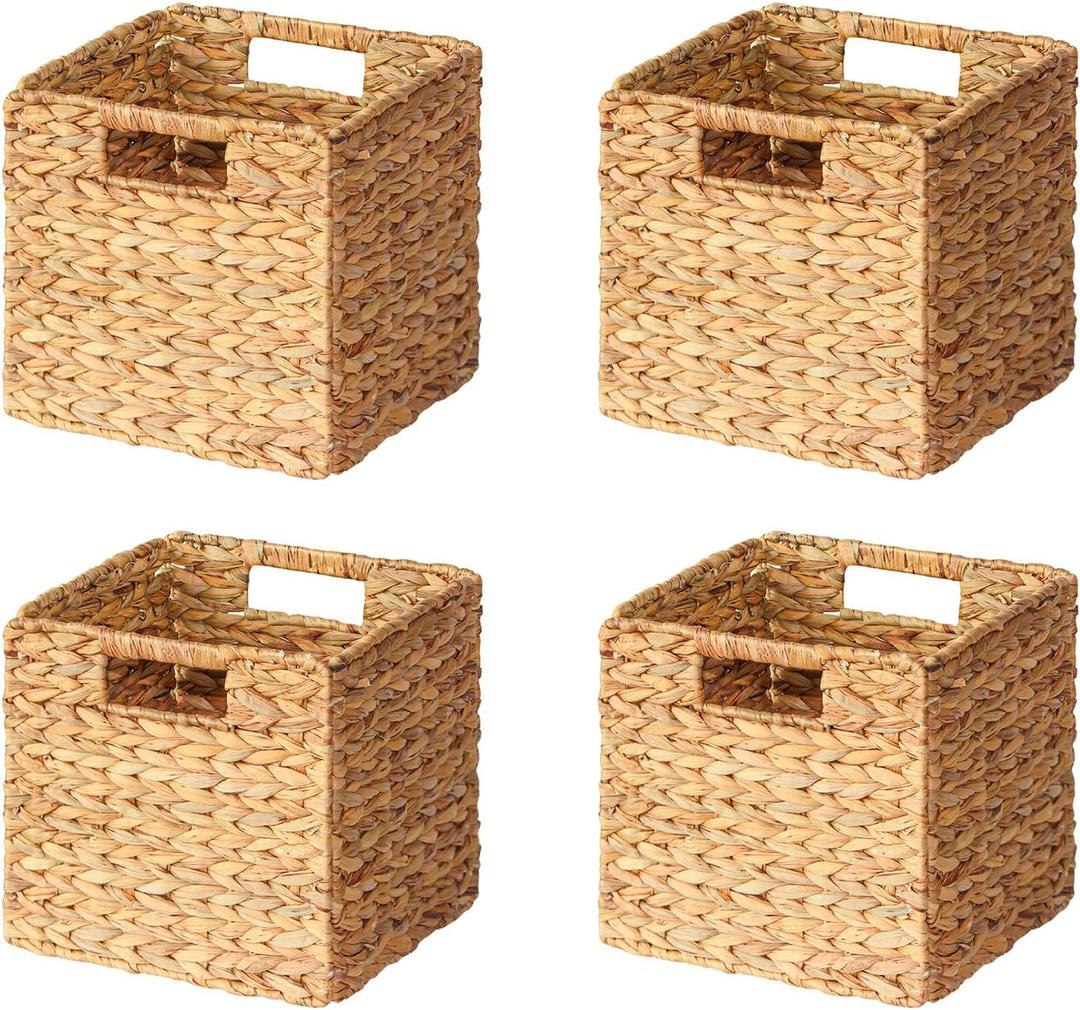 SpaceAid 4 Pack Wicker Basket, Storage Baskets for Organizing, Woven Rattan Basket with Handles for Shelves, Water Hyacinth Large Cube Organizer Storage Bin, 10.5x10.5x10.5 inch, Natural
