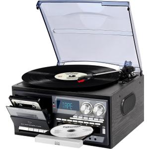 Vintage Record Player 9-in-1 Turntable with Built-in Speakers, AM/FM Radio, CD & Cassette Player, Bluetooth USB/SD Playback, Remote Control, Aux & RCA Inputs, Headphone Jack for Music Fans (Grey)