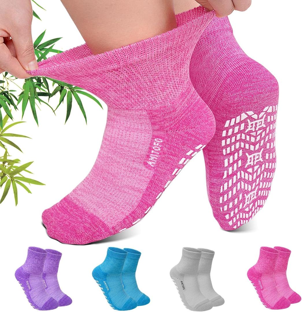 CaiDieNu Non Slip Diabetic Ankle Socks: Bamboo Viscose Non Binding Hospital Socks with Grip for Women Men Elderly Edema 9-15
