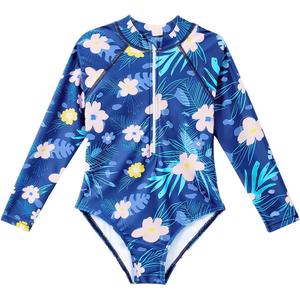 Century Star UPF 50+ Girls Long Sleeve Swimsuit - Rash Guard Swimsuit Toddler Kids Teen One Piece Bathing Suit Zip (12-13 Years, 03 Blue Floral)