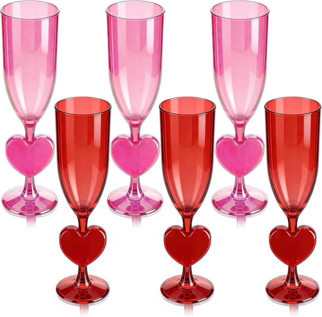 6 Pcs Heart Shaped Champagne Flute Valentine's Day 6 oz Acrylic Martini Glasses Galentine's Day Cocktail Toasting Wine Cups for Galentine Girls Night Bachelorette Party Favors Gifts (Pink and Red)