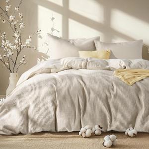 Bedsure Waffle Comforter Set Full, Beige Soft Cotton Bedding, Waffle Weave Bed Set, 3 Pieces, 1 Comforter (82"x86") and 2 Pillow Shams, Premium Cotton Cover with Polyester Fill for All Seasons (07 - Beige)