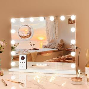 Vanity Mirror with Lights and Speaker, Lighted Vanity Mirror with 15 LED Bulbs, 3 Color Modes, Support Answer Call, Touch Screen, USB Charging Port, Light up Mirror for Bedroom, Tabletop, 23" x 18"