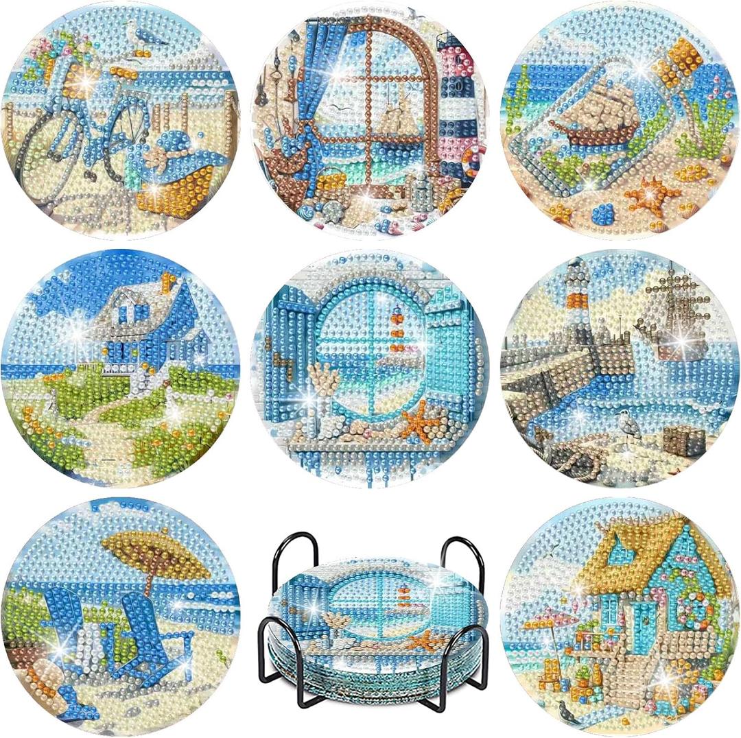 2 x uuxsretaio 8 Pcs Beach Diamond Painting Coasters, Sea Diamond Art Coasters, DIY 5D Light House Diamond Dot Coasters, Full Drill Art Craft Supplies with Holder 4X4 Inch
