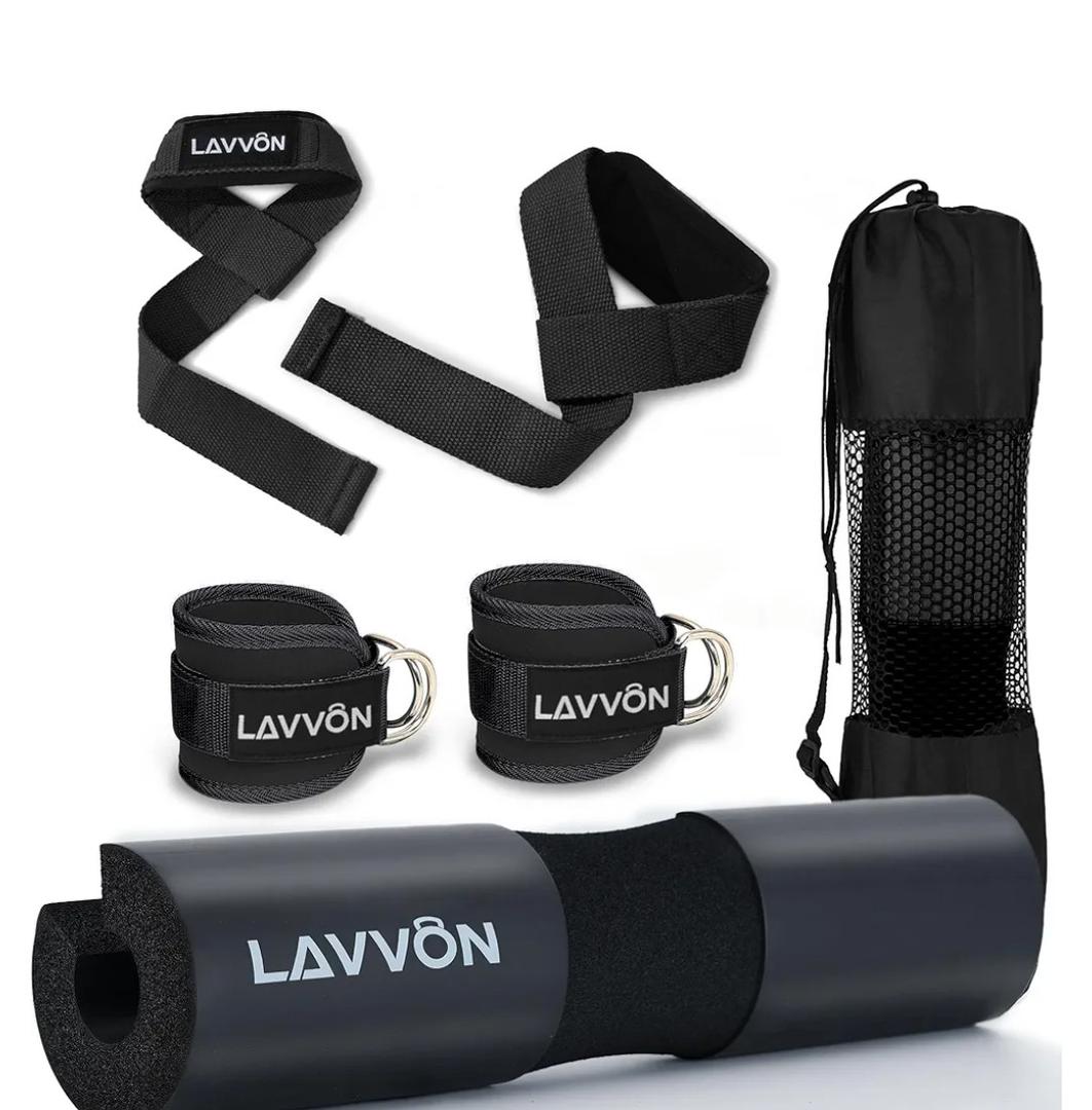 Squat Pad Set - Foam Barbell Pad for Squats Cushion, Lunges & Bar Padding for Hip Thrusts - Standard Olympic Weight Bar Pad - With Ankle Straps, Wrist Straps for Weightlifting