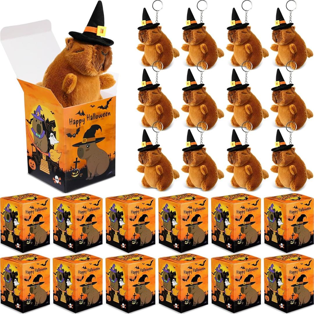 12 Pcs Halloween Capybara Plush Keychain with 12 Pcs Gift Box Cute Halloween Capybara Stuffed Animals Keychains Pendant with Goodie Candy Box for Birthday Gift Favor Accessories