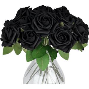 JOHOUSE 30PCS Black Roses, Artificial Flowers with Stems for Wedding Bouquets Party and Gothic Decoration