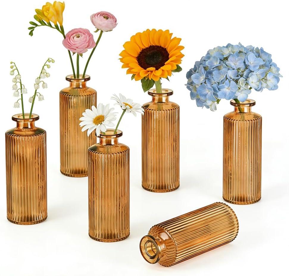 6 Pack Glass Bud Vase Set, Small Flower Vase Set Bud Vases for Wedding Centerpiece Table Decor, Vintage Small Vases for Room Home Dining Party Table Center Decor (Amber Set, 6 Pack)