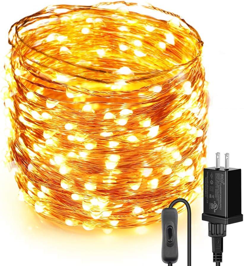 Moobibear LED String Lights 99ft UL Listed Plug in Fairy Lights 300 LED Warm White Waterproof Copper String Lights with ON/Off Switch for Bedroom Patio Birthday Wedding Valentines Day Decor