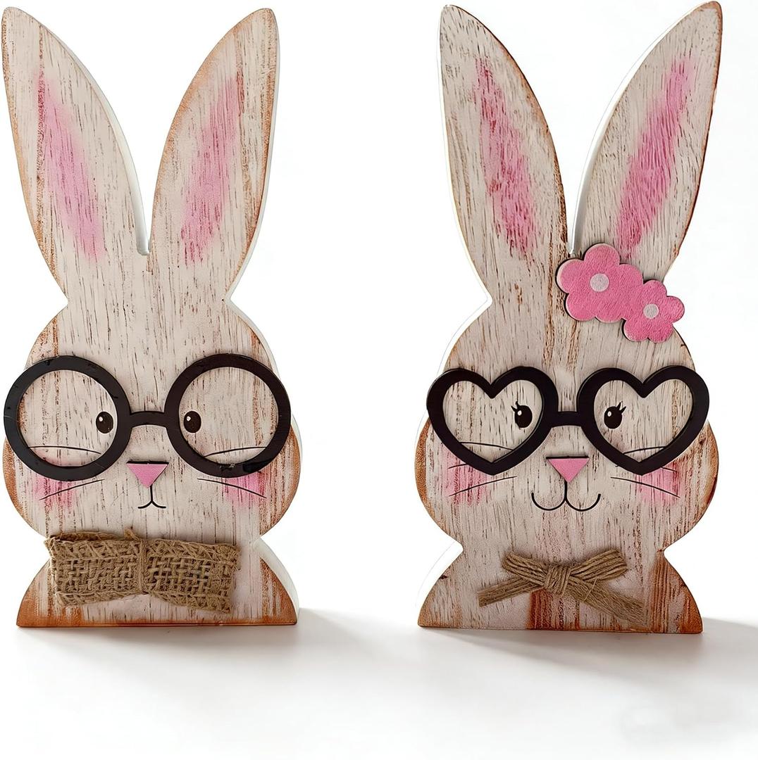 Wooden Easter Bunny Decorations Set of 2, Rustic Farmhouse Antique White Rabbit Shaped Tabletop Signs for Spring Easter Home Office Decor