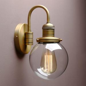 Yosoan 1-Light Brass Modern Vintage Indoor Wall Sconce, Vanity Single Luxury Hardwired Retro Textured Clear Round Globe Glass Shade with Industrial Gooseneck Curved Rod Bathroom Lamp(Antique)