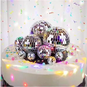 Disco Ball Cake Toppers, 1970s Mini Silver Ball Decorations 12 Pcs Disco Party Decorations for 70s Themed Cake Toppers for Birthday 4 Sizes