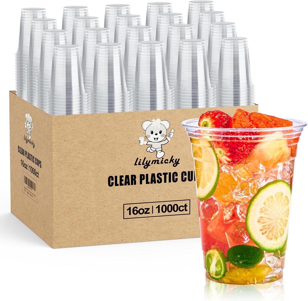 Lilymicky 1000 Pack 16 oz Clear Plastic Cups, PET Disposable Drinking Cups, Crystal Clear, Perfect for Ice Coffee, Smoothie, Soda, or Any Cold Drinks