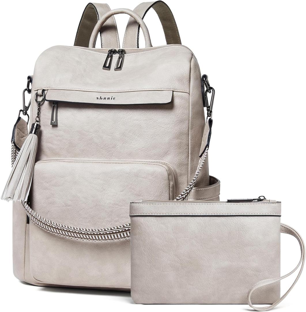 Shrrie Vegan Leather Laptop Backpack for Women 15.6 inch Work Backpack Fashion Travel Backpack Purse for Travel College Work (2 Two-toned Gray)