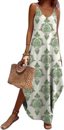 Zeagoo Women's Casual Sundress Summer Maxi Sleeveless V Neck Split Boho Beach Dress Travel Vacation Dress with Pockets XL