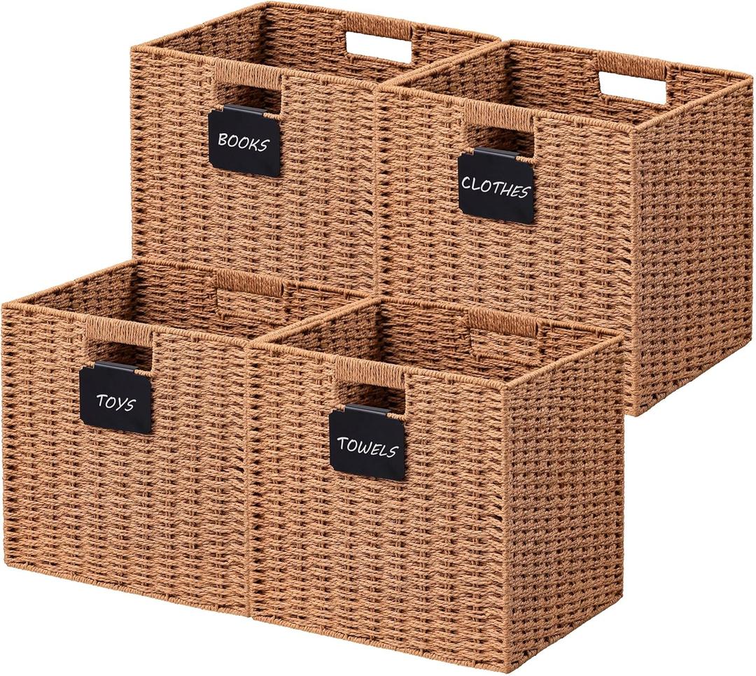 UBBCARE 4 Pack Wicker Basket, 1313 Storage Cubes with Label, Foldable Cube Storage Bin with Handle, Square Storage Basket for Shelves, Woven Paper Rope Basket for Organizing, Caramel (4pack-13L13H12.2W)