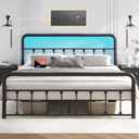 14 Inch Queen Bed Frame Classic Metal Platform Bed Frame with Charging Station & LED, Victorian Style Iron-Art Headboard/Footboard, Under Bed Storage, No Box Spring Needed, Noise Free