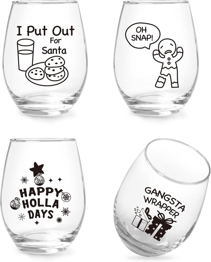 Jogskeor Funny Merry Christmas Wine Glass Set of 3, Christmas Themed Stemless Wine Glass for Women Men Friend Family, Wonderful Gift Idea for Christmas New Year Holiday, 15Oz