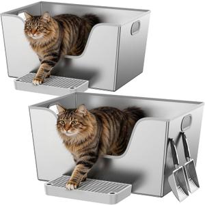 2 Pack XXL Stainless Steel Litter Box with 12'' High Sides,XXXL Metal Cat Litter Box with Tall Walls for Big & Multiple Cats,One-Piece Deep Maine Coon Litter Box with Low Entry,Anti-Leakage,Non-Sticky