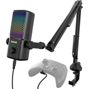 TONOR Gaming Mic Compatible with Xbox, RGB Streaming Boom Mic with 30H Battery Life, Low Noise, Monitoring, Gain Control, One Tap Mute, Fast Charging, Compatible with Capture Card TCX3+ Black