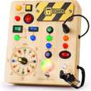 Busy Board with Led Light, Montessori Toys for 1-3 Years Old Boys Girls Wooden Toddler Toys Birthday Gift Educational Toys for 1+ Year Old, Toddler Travel Toy Sensory Toys for Kids with Autism