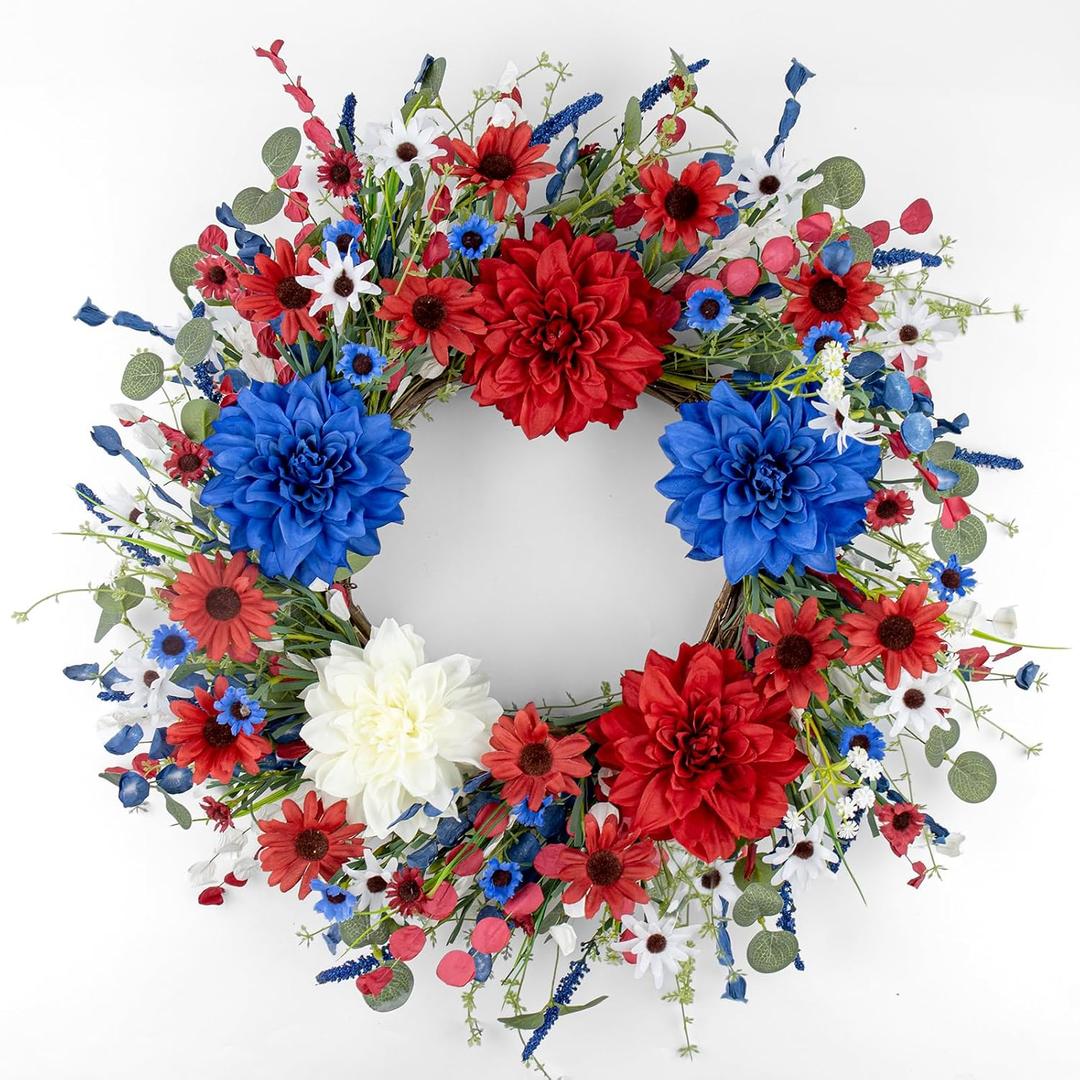 J'FLORU 4th of July Wreath 22 Inch Red White Blue Flower Wreath Patriotic Wreaths for Front Door with Red White Blue Peony Daisy Flowers for July Fourth Memorial Day Flay Day Decor