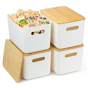 Ohmlove 4 Packs Storage Bins with Bamboo Lids - Plastic Storage Containers with Lids Stackable Storage Box：Storages Baskets for Organizing Desktop Closet Playroom Classroom Office, White