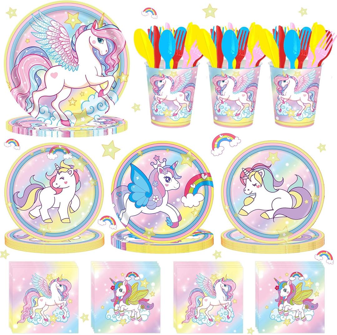 168pcs Unicorn Birthday Party Supplies with Unicorn Banner for Girls, 24 Serves Unicorn Disposable Tableware Set with Plates, Cups, Napkins, and Cutlery Sets for Unicorn Themes Party Kids