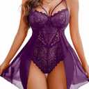 Avidlove Babydoll Lingerie for Women Floral Snap Crotch Teddy Chemise Nightie Lace Nightgown (Large, Purple)