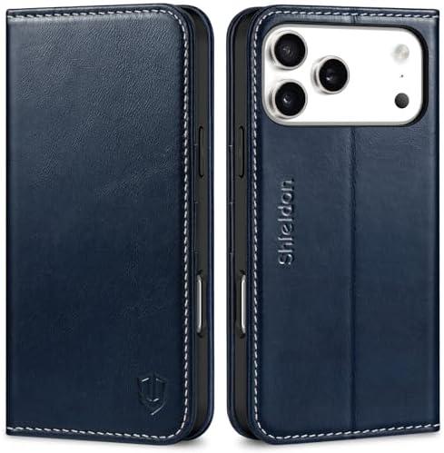 SHIELDON Wallet Case for iPhone 17 Pro Max 6.9-inch 2025 | Genuine Leather, Folio, RFID Blocking Credit Card Holder, Kickstand, Magnetic, Shockproof Protective Cover - Retro Dark Blue