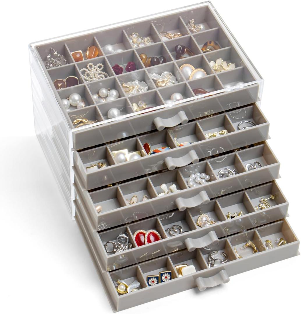YUFONG Earring Storage Box Organizer, Acrylic Jewelry Storage Box Holder 5 Drawers Transparent Jewelry Display Stand with 120 Small Compartments Gift Boxes for Women Girls (Gray)