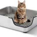 Stainless Steel Cat Litter Box, 19.5"L x 13.6"W x 6"H Metal Cat Litter Box with Low Entry for Senior, Injured Cats Anti-Slip Non-Stick No Odor Easy to Clean for Most Cats with Weight of 22Ibs or Less