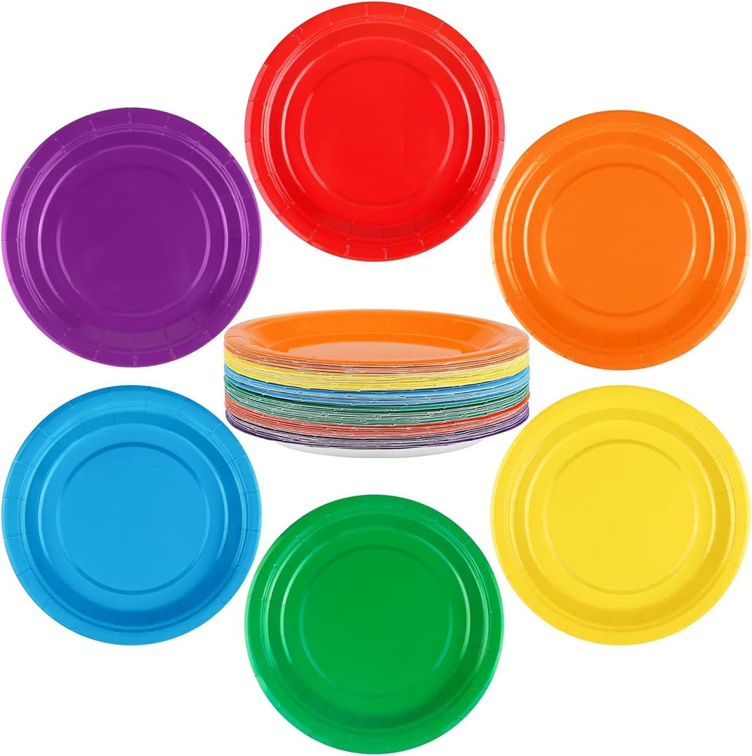 72 Pieces Rainbow Paper Plates 7 Inch Bulk Paper Plates Disposable Round Dessert Plates Heavy Duty Solid Color Paper Plates Table Decors Party Supply for Birthday, Dinner, Wedding