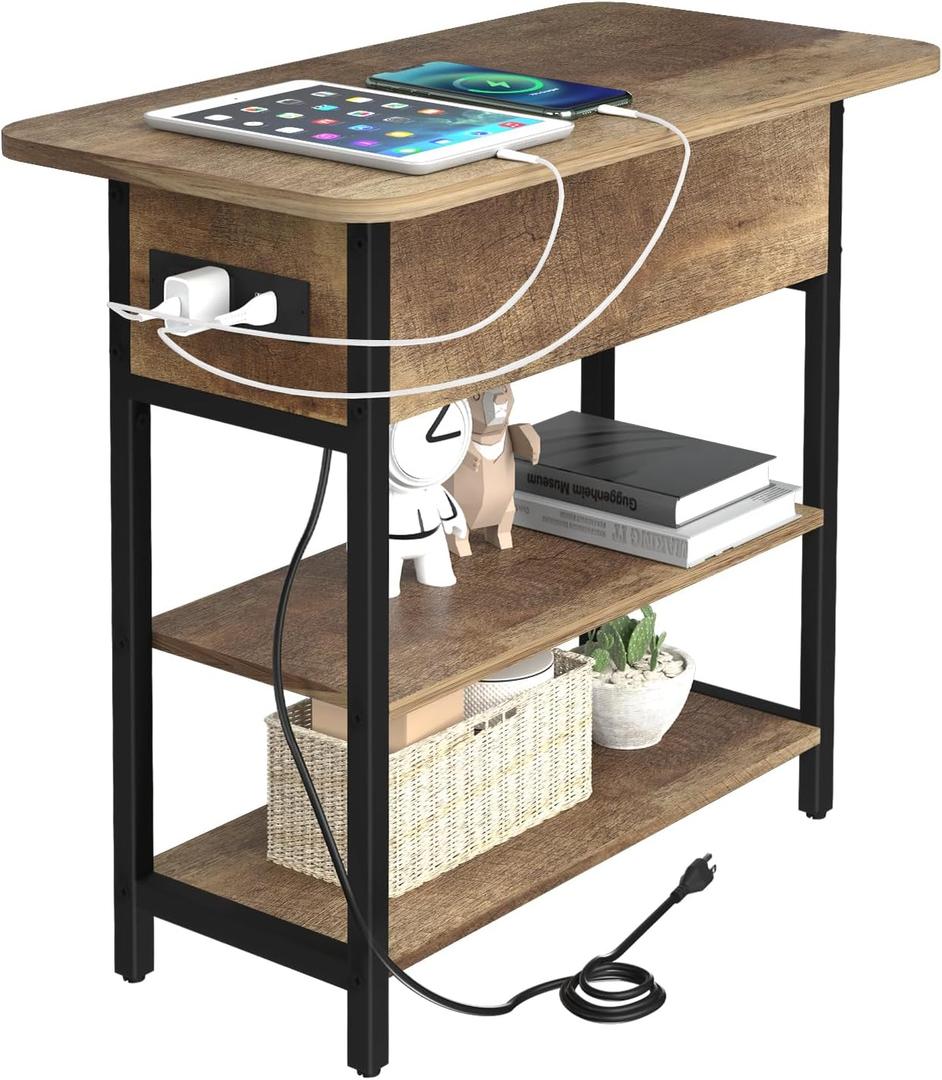 End Table with Charging Station, Flip Top Side Table with USB Ports and Outlets, 3-Tier Small Side Table with Storage for Small Space, End Tables for Living Room/Bedroom, Brown