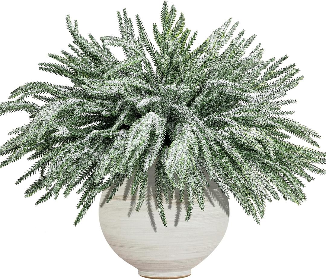 10 Pcs Christmas Snow Norfolk Pine Branches, 18" Snow Flocked Artificial Xmas Branches Pine Tree Needles, White Frosted Fake Greenery Norfolk Pines Stems Sprigs for DIY Craft Garland Home Garden Decor