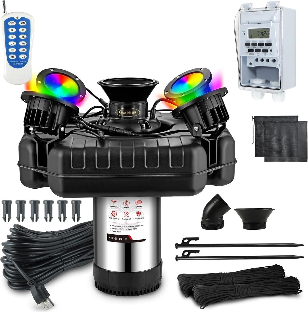 Goldlife Pond Fountain Aerator, F3 With 4 RGB Lights, 1HP 750W 110V Stainless Steel Floating Fountain With 100FT Power Cord Black Octagon Aerating Fountain Pump for Small Large Pond Lake Pool FishFarm