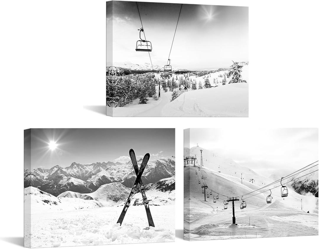 Biuteawal 3 Piece Ski Canvas Wall Art Black White Ski Lift Pictures Snowboards at Sunshine Painting Snowy Winter Mountain Landscape Photo Artwork Home Living Room Bedroom Decor Framed Ready to Hang