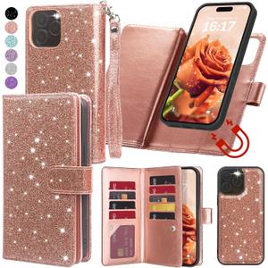 Varikke for iPhone 14 Pro Wallet Case Detachable with Card Holder for Women, Fashion Glitter PU Leather Strap Strong Magnetic Flip Wallet Removable Phone Case Cover for iPhone 14 Pro 6.1", Rose Gold
