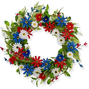 J'FLORU 4th of July Wreath 22 Inch Independence Day Wreath Red White Blue Patriotic Wreaths for Front Door with Red White Blue Daisies for July Fourth Memorial Day Flay Day Decor