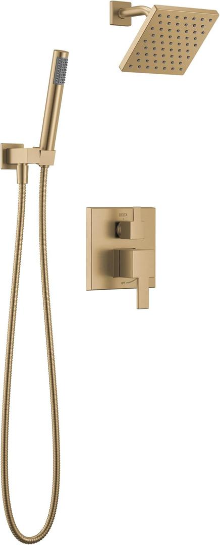 Delta Modern Square Shower System Faucet Set, Brushed Gold 6.5-inch Shower Head and Handle Set, Valve Trim Kit, Champagne Bronze T342703-CZ (Valve Not Included)