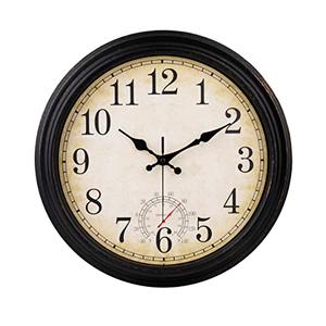 Wall Clock Vintage Style Inodor Outdoor Clock 16 Inch Large Wall Clocks Waterproof with Thermometer for Living Room Patio Pool Garden (Bronze)