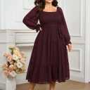 SCOMCHIC Women's Plus Size Dress Long Sleeve Square Neck Swiss Dot Chiffon Smocked A Line Ruffle Cocktail Maxi Dresses (XXXL)