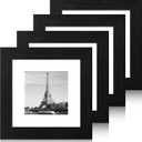 6x6 Picture Frame Set of 4 with High Definition Glass, Black Frames Display 4x4 Picture with Mat or 6 x 6 Without Mat, Square Wood Photo Frame for Wall Mount and Tabletop Display