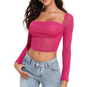 YYA Women Life Spark Crop Tops Ruched Long Sleeve Shirts Fitted Outfits Blouses S-XXL (Pink, XL)